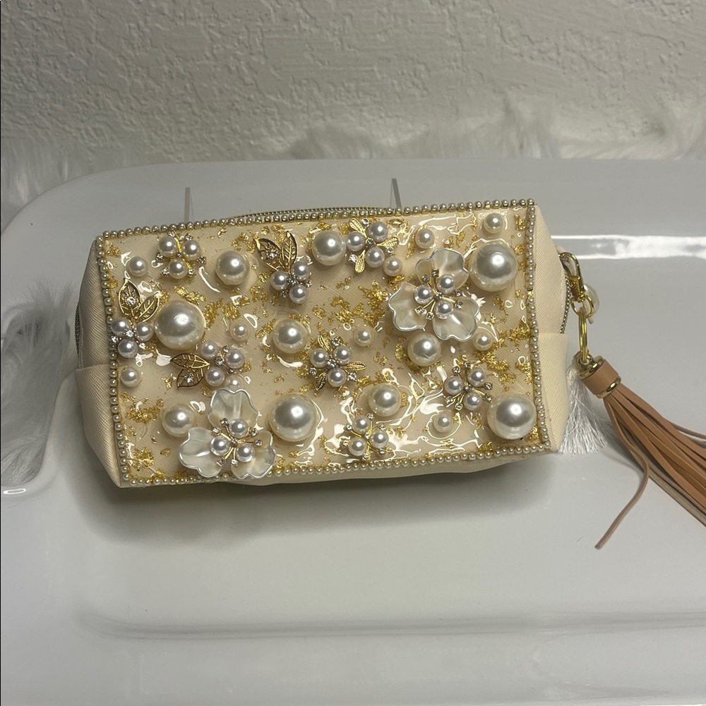 Elegant Cream and Gold & Pearl Embellished Makeup Bag